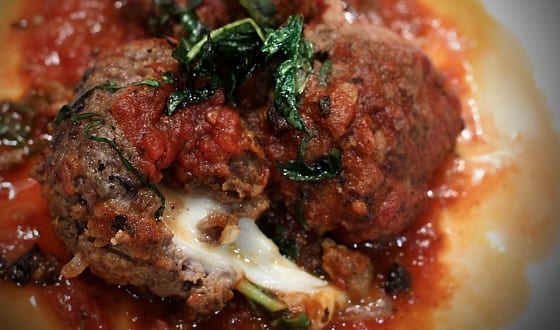 elkcheesemeatballs Mozzarella cheese stuffed elk meatballs in tomato sauce