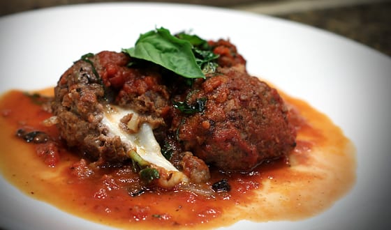 Mozzarella cheese stuffed elk meatballs in tomato sauce Mozzarella cheese stuffed elk meatballs in tomato sauce