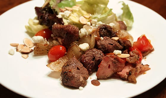 Elk sirloin skewers with onions