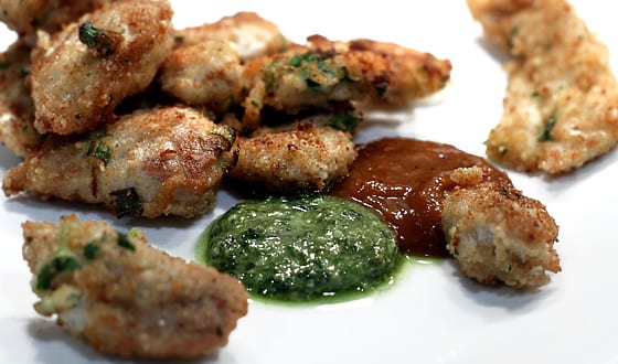 Parmesan chukar and quail nuggets with green onion