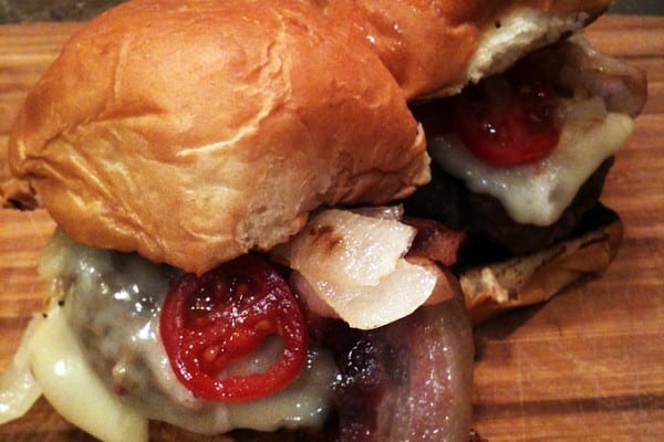 Elk sliders with pancetta bacon and smoked mozzarella