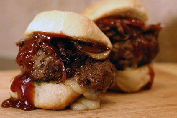Brie stuffed elk sliders with sautéed mushrooms smothered in BBQ sauce
