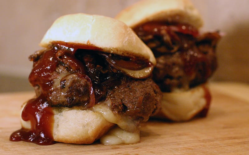 Brie stuffed elk sliders with sautéed mushrooms smothered in BBQ sauce