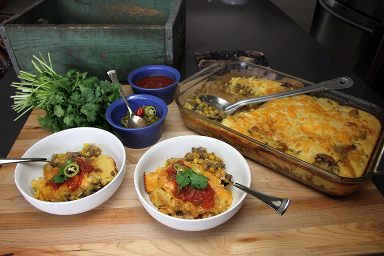 Elk Recipes & Wild Game Cooking Ideas - Baked elk cornbread casserole in a casserole dish with golden top