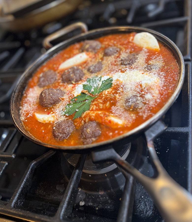 Baked Antelope Meatballs with Orzo and Melted Mozzarella