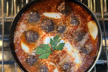 Baked Antelope Meatballs with Orzo and Melted Mozzarella