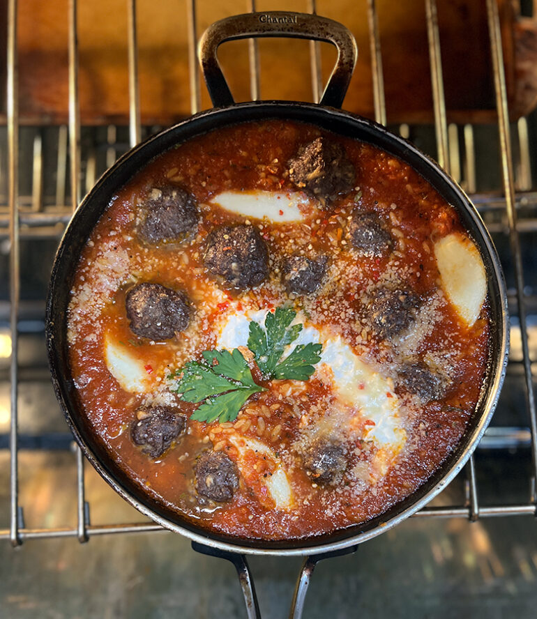 Baked Antelope Meatballs with Orzo and Melted Mozzarella