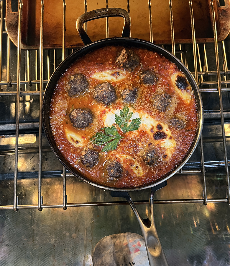 Baked Antelope Meatballs with Orzo and Melted Mozzarella