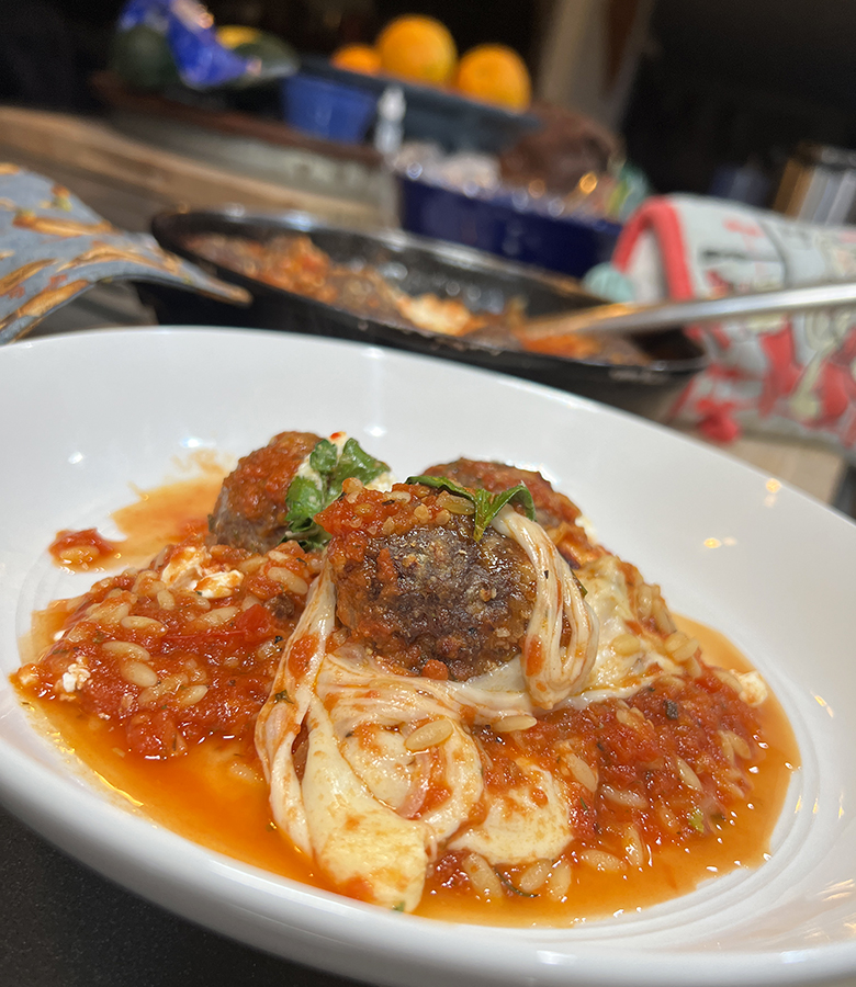Baked Antelope Meatballs with Orzo and Melted Mozzarella